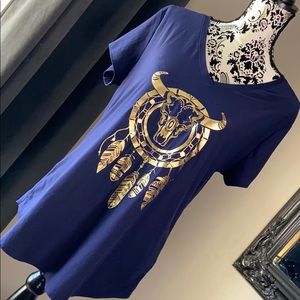 Long horns Print blue tee
